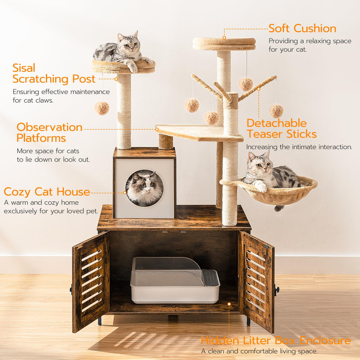 HOOBRO Cat Tree with Litter Box Enclosure, Scratching Posts, Litter Box Enclosure Furniture for Indoor Cats, All-in-One Wooden Cat Tower Condo House with Cat Hammock, Rustic Brown BF14MZ03 HOOBRO