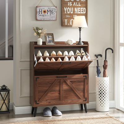 Barnyatoh Shoe Storage Cabinet with 2 Flip Drawers, Farmhouse Hidden Shoe Organizer, Narrow Slim Shoe Rack Cabinet for Entryway Hallway,Walnut