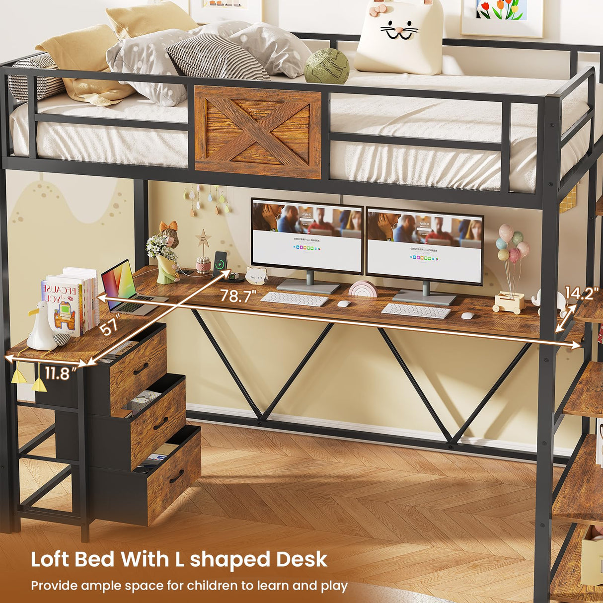 Itaar Stairway Twin Size Loft Bed with L Shaped Desk and Wardrobe, Metal Loft Bed Frame with Storage Stairs, 3 Fabric Drawers, LED Lights & Charging Sation, Rustic Brown Itaar