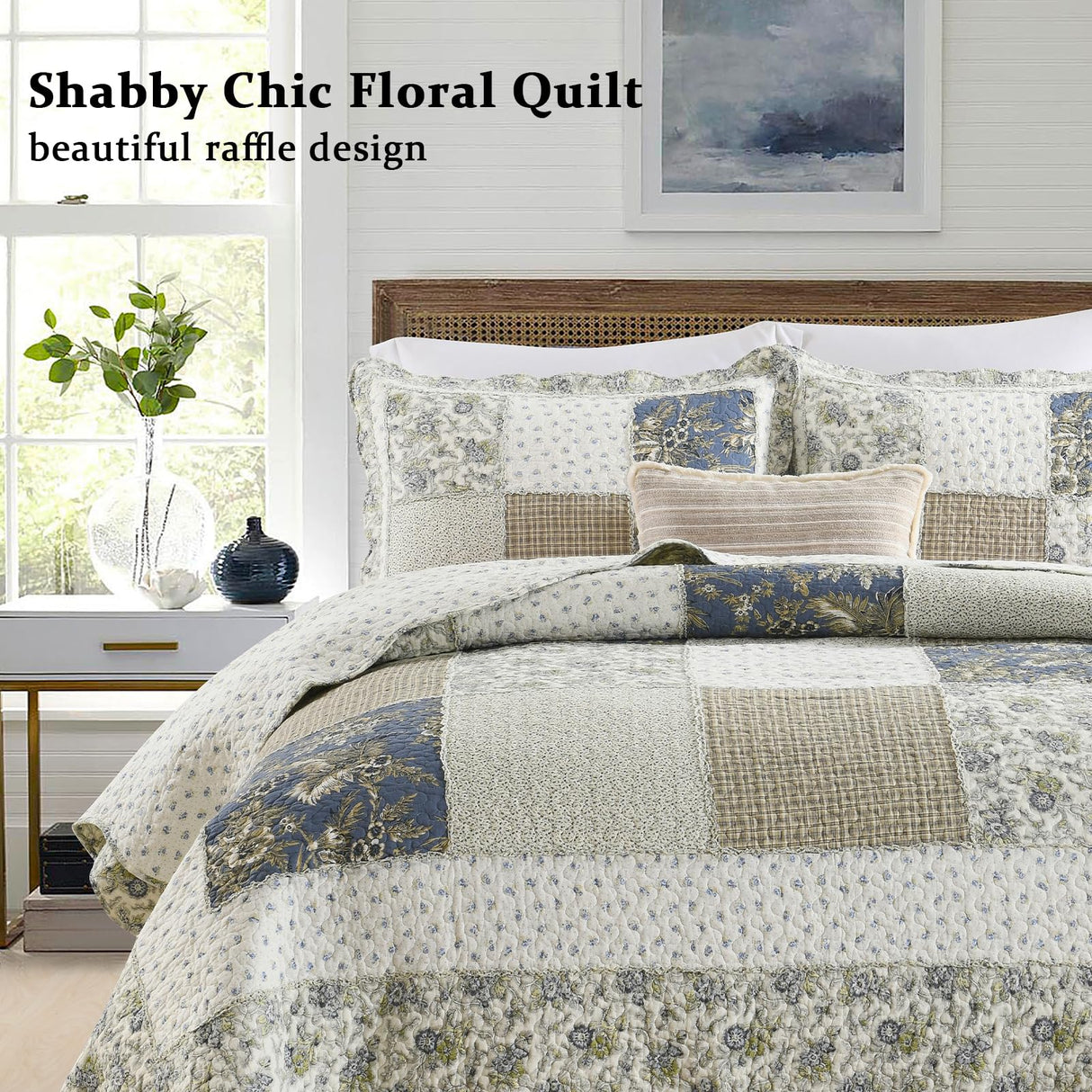 Yvooxny Quilt Set Queen Size Reversible Country Farmhouse Floral Real Patchwork Quilted Bedspread 3-Piece Quilt Set with Pillowcases with Ruffles for All Seasons, 90 x 98 Inches Yvooxny