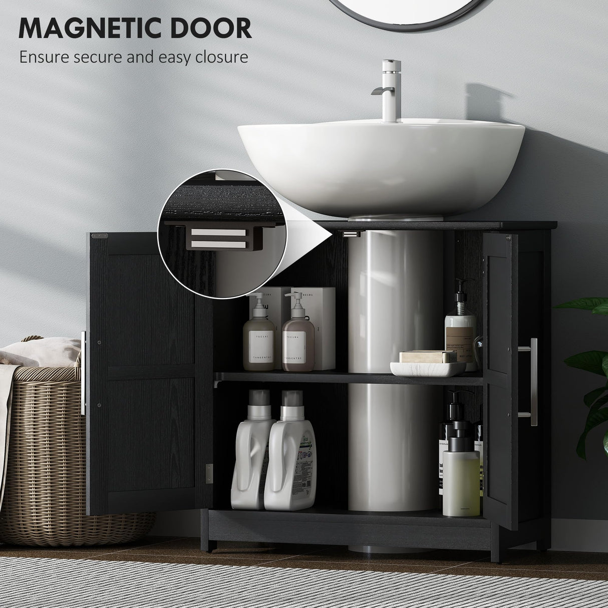 HOMCOM Pedestal Sink Storage Cabinet, Farmhouse Freestanding Bathroom Sink Cabinet with 2 Barn Doors and Adjustable Shelf, Distressed Black HOMCOM