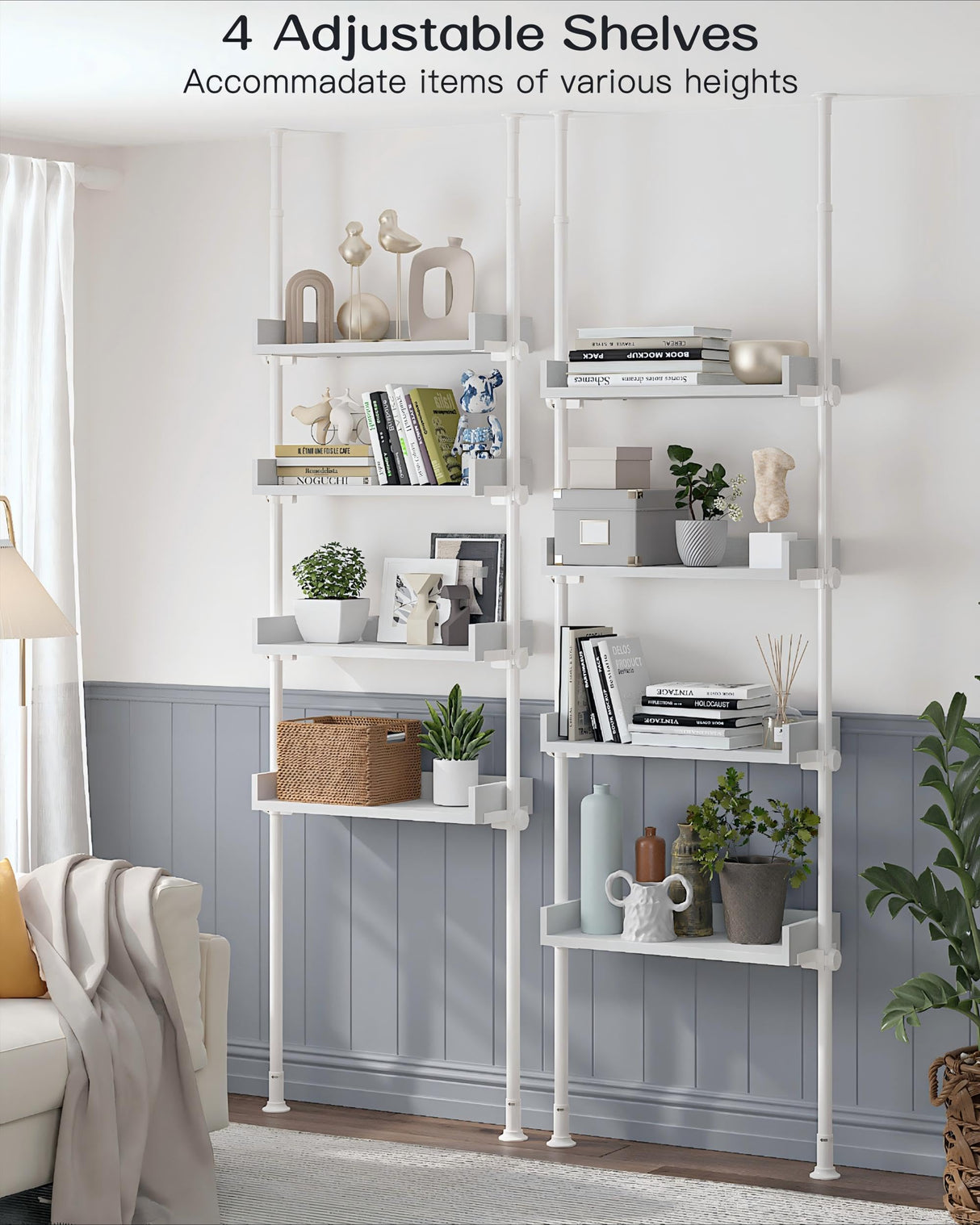 ALLZONE 4 Tier Over The Toilet Storage, Adjustable Wood Over Toilet Bathroom Organizer, Freestanding Shelves, Fit Most Showers Over The Toilet Shelf, 92 to 116 Inch Tall, White ALLZONE