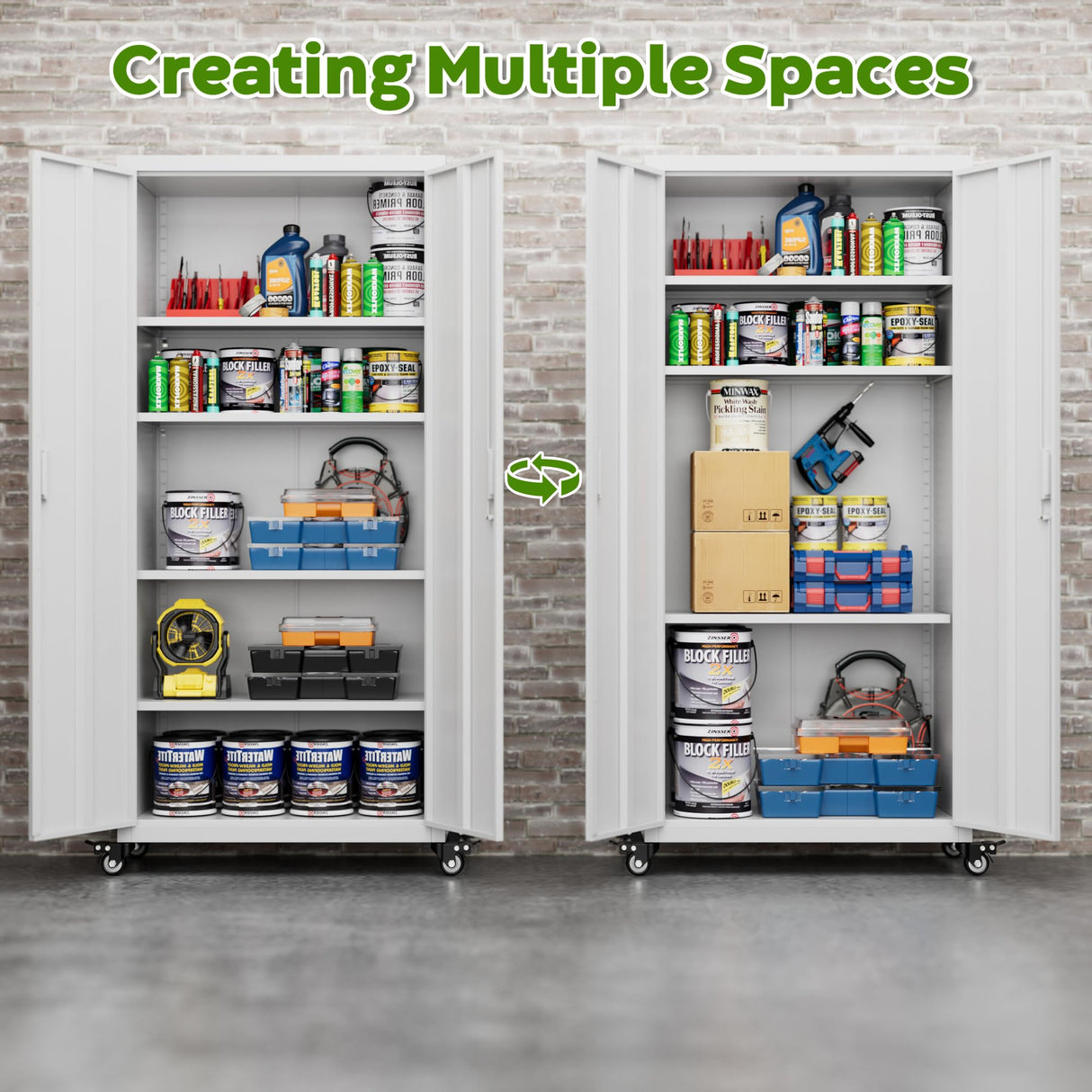 Aobabo 73''H Garage Storage Cabinet with Wheels,Office Storage Cabinet with Lock,Steel Cabinet with 2 Doors and 4 Adjustable Shelves for Garage Office,Required-Assembly White Aobabo