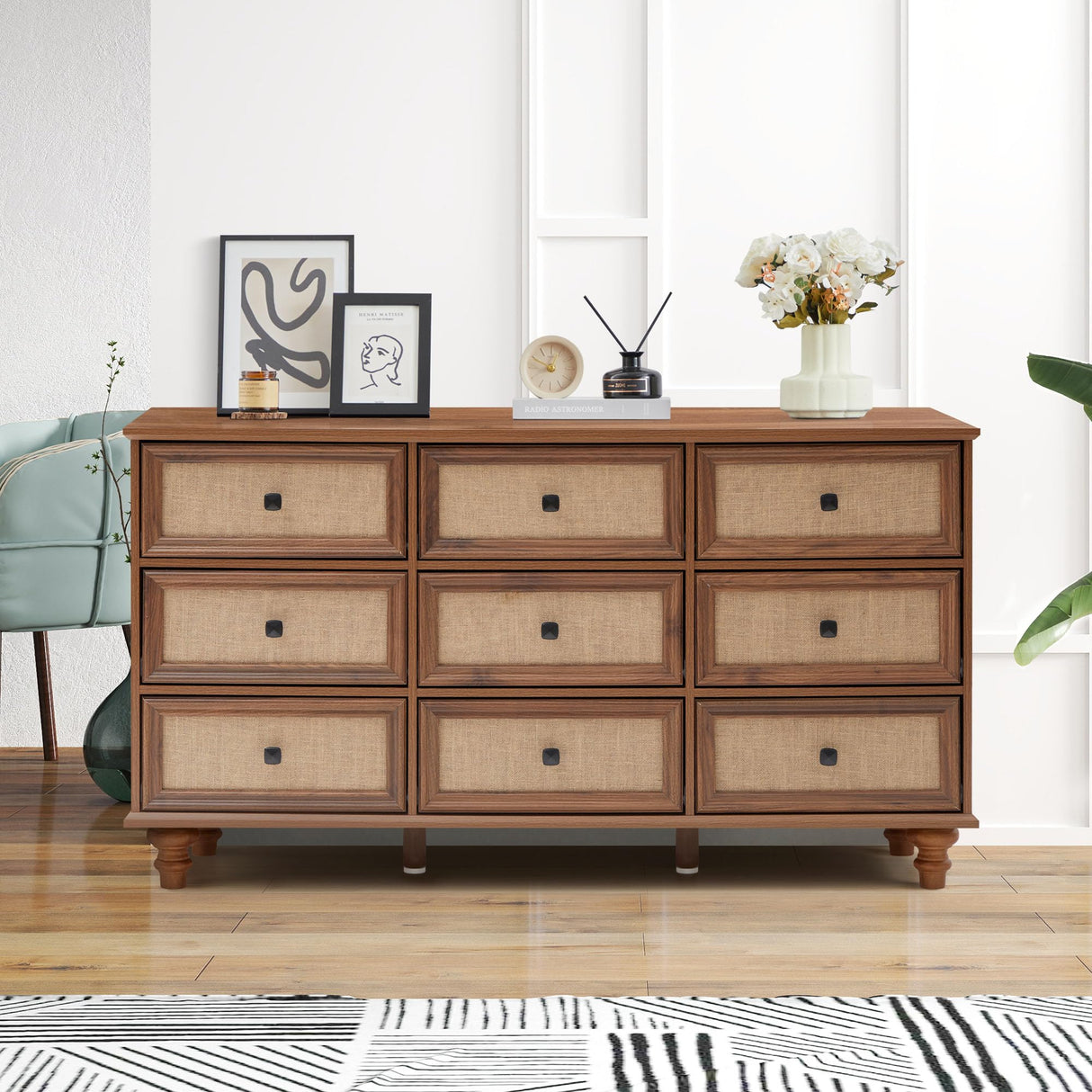 ORRD 9 Drawer Dresser for Bedroom, Mid Century Modern Wide Wood Rustic Chest of Drawers Wooden Storage Organizer Dressers with Burlap Rattan Drawers for Living Room, Hallway Closet, Entryway, Walnut ORRD