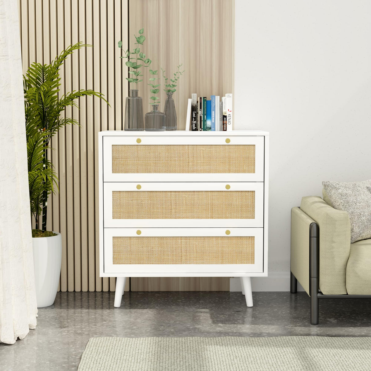 Anmytek Dresser for Bedroom with 3 Drawers, Modern Wood 3 Drawer Dresser, White Chest of Drawer with Spacious Storage Rattan Dresser for Bedroom Living Room H0072 Anmytek