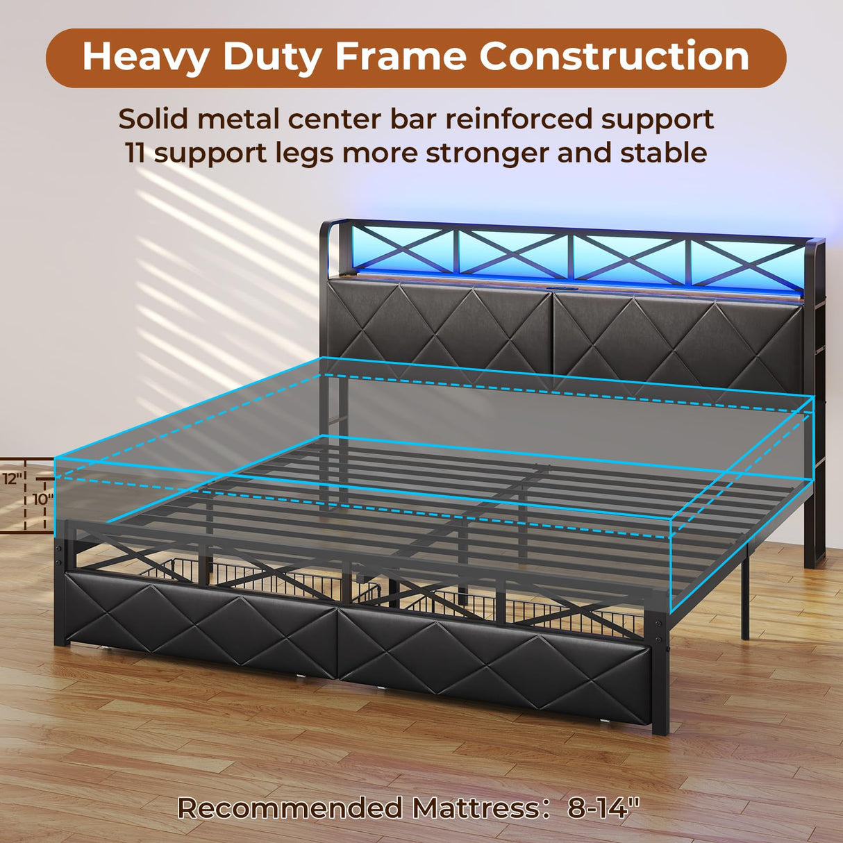 DICTAC King Size Bed Frame with Storage Headboard, LED Lights, and 2 Drawers – No Box Spring Needed, Black DICTAC