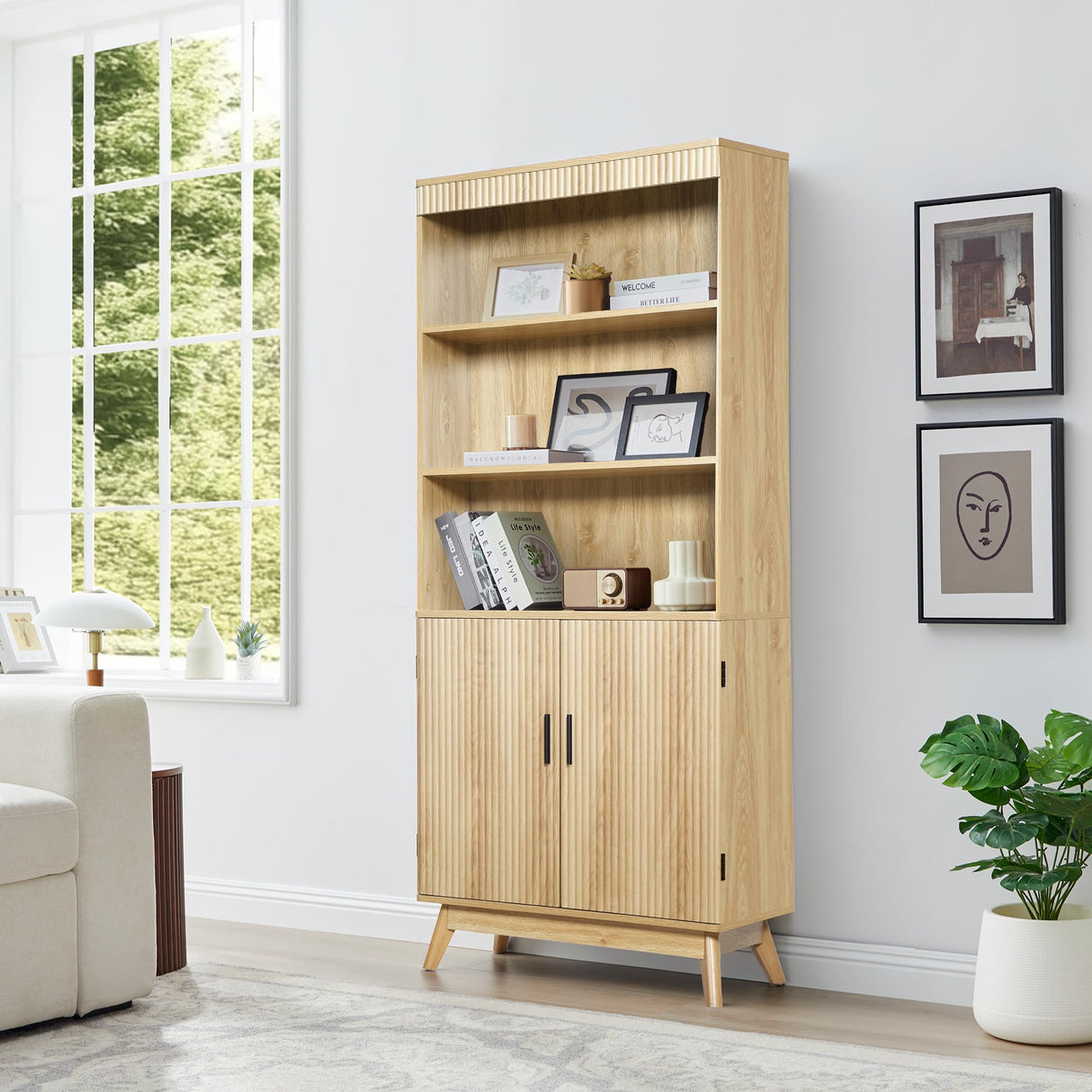 68" Fluted Tall Bookcase with Storage Cabinet,Mid-Century Modern 5-Tiers Arched Bookshelf Cabinet with Doors,Arched Bookcase with Open Display Storage Shelf for Home Office Bedroom Living Room,Natural XUZENEST