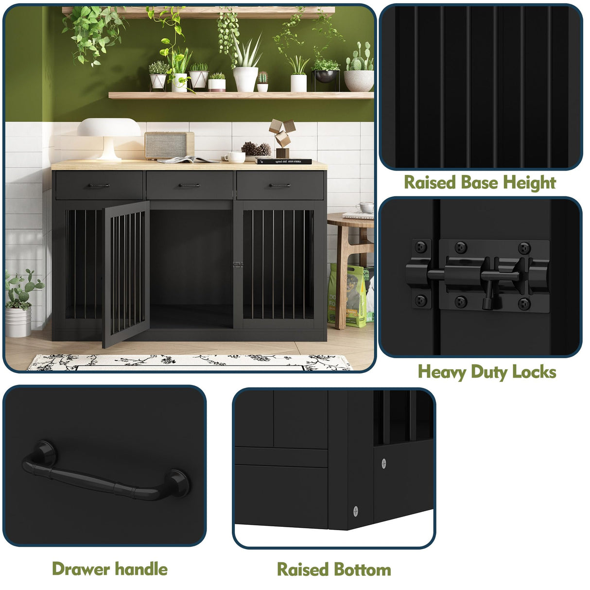 DAWNSPACES Extra Large Dog Crate Furniture with 3 Drawers, Indoor Heavy Duty Dog Kennel House, 55.3" Furniture Style Dog Crate Side End Table TV Stand for XL Large Medium Breed Dogs, Black DAWNSPACES