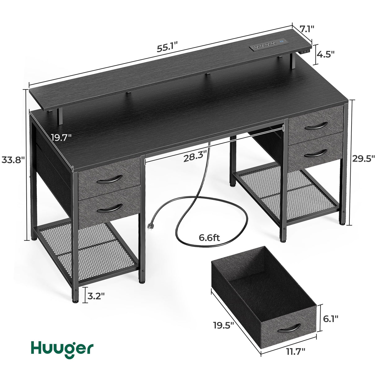 Huuger 55 inch Computer Desk with 4 Drawers, Gaming Desk with LED Lights & Power Outlets, Home Office Desk with Large Storage Space for Bedroom, Work from Home, Black Huuger
