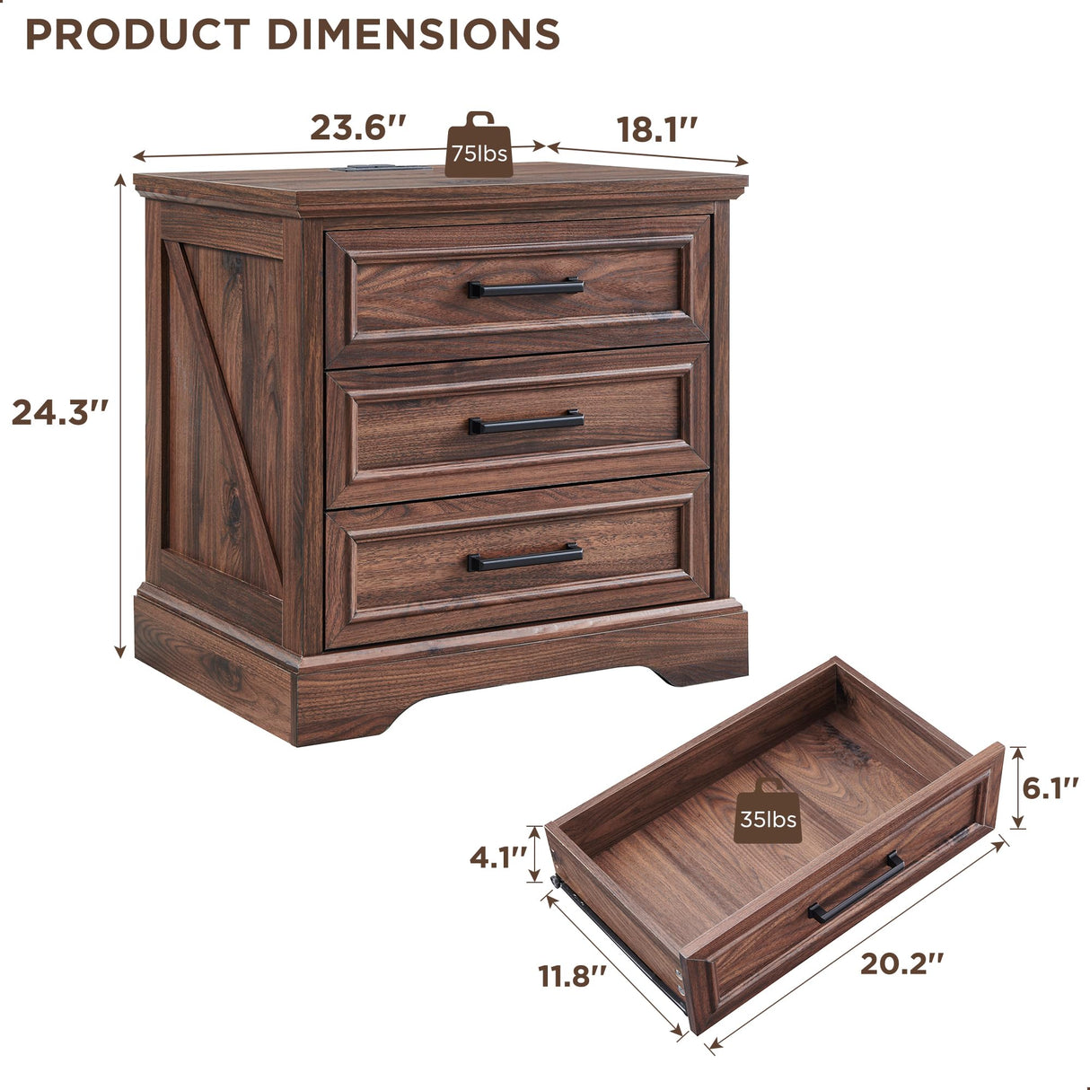 ACCOHOHO Farmhouse Nightstand with Charging Station, 24 Inch Wide End Table with 3 Large Drawers & Bar Handles, Rustic Wood Small Dresser Chest of Drawers for Bedroom, Living Room, Closet, Brown ACCOHOHO