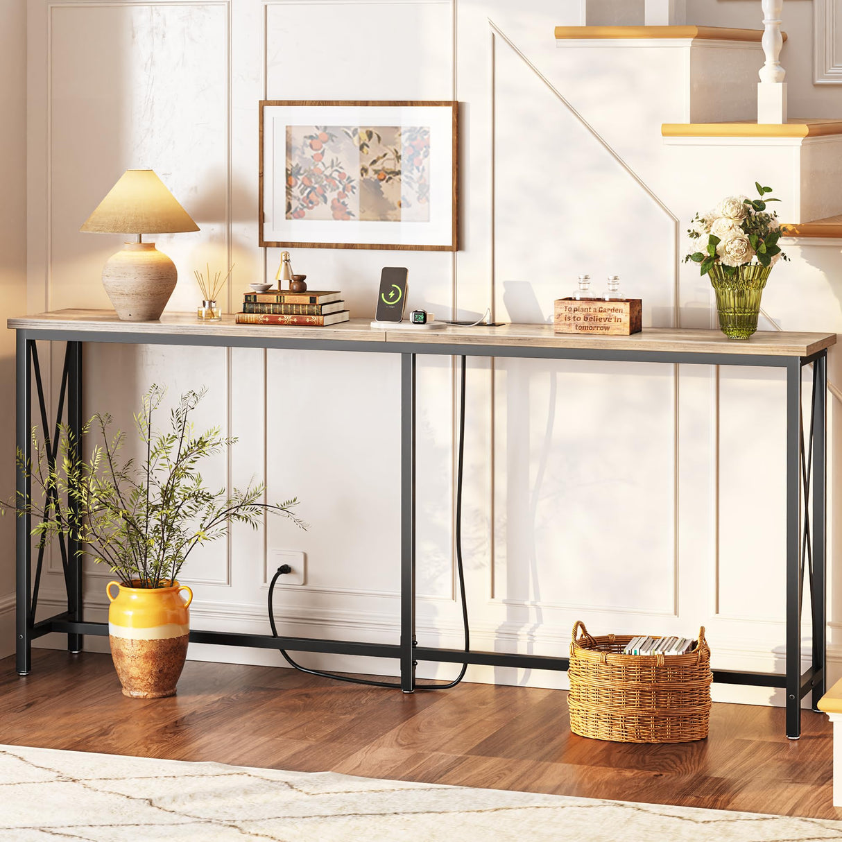 SUPERJARE 70 Inch Console Table with 2 Outlets, 1 Type-C and 1 USB Port, Extra Long Entryway Table with Metal Frame and X-Shaped Bars, Narrow Sofa Table for Living Room, Hallway, Grey Oak SUPERJARE
