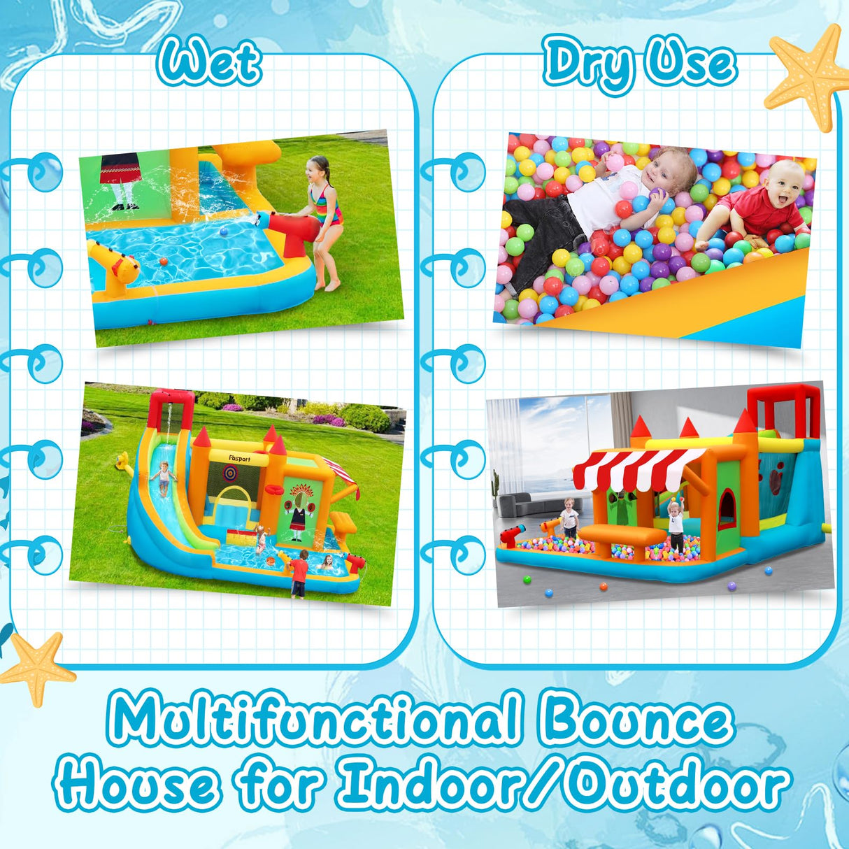 FBSPORT Inflatable Bounce House Water Slide, Bounce House for Kids with Toy Market Stand Splash Pool Bouncer Climbing Wall Water Gun Ball Dart, Bouncy Castle W/620W Blower for Outdoor Indoor, Red FBSPORT