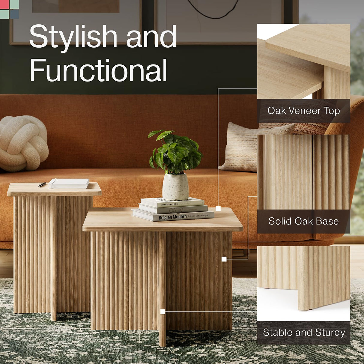 Square Fluted Nesting Coffee Table - Low Profile 2 Piece Square Coffee Table Set - Living Room Furniture - Modern Home Decor - Solid Oak Base (Natural Oak) Stead