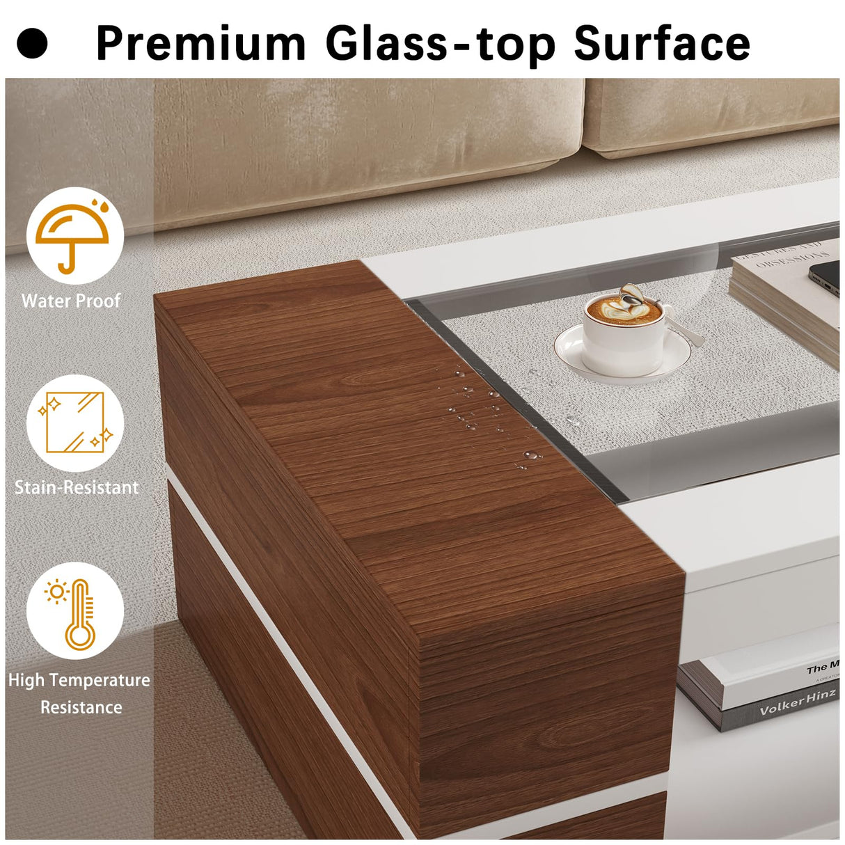 HedoAjim 47.2" Modern Stylish Coffee Table with Glass Table Top, Large Living Room Table Rectangular 2-Tier Center Tables with Storage, Wood Cocktail Tea Tables for Dining Reception Room, White Walnut HedoAjim