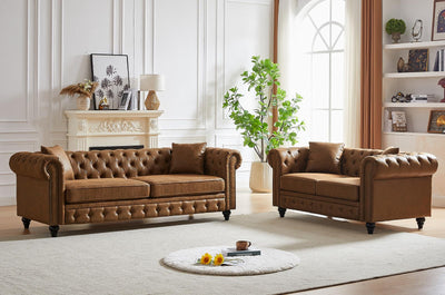 Modern Chesterfield Sofa Set for Living Room, 2 Piece Tech Fabric Furniture Sets 3 Seater Couch&Loveseat Sofa with Rolled Arms and Tufted Button, Office, Brown