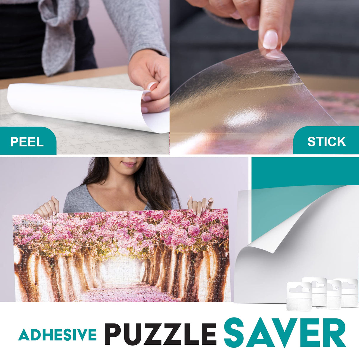 Peel and Stick Puzzle Glue for 2 1000 Peice Puzzles - 14 Puzzle Glue Sheets with 6 Self Adhesive Hangers | Puzzle Saver Peel and Stick | Puzzle Frame Kit | Puzzle Keeper PLAYVIBE