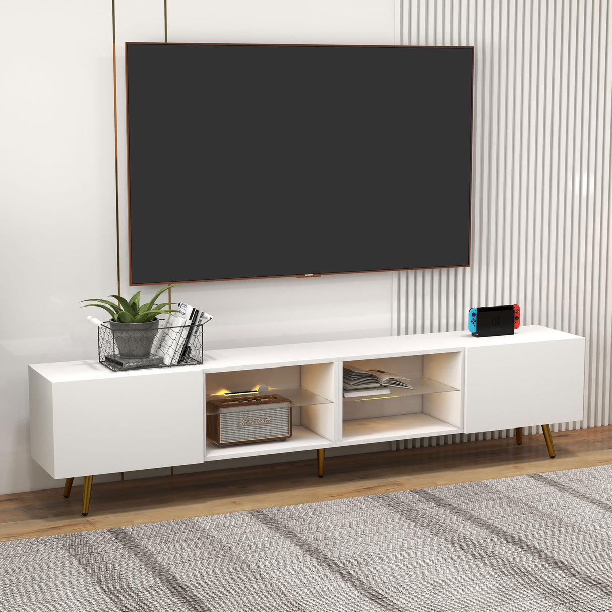 Bonzy Home 86" LED TV Stand, Modern Entertainment Center up to 90" TV, Television Console Table with Storage Cabinets for Living Room, White Bonzy Home