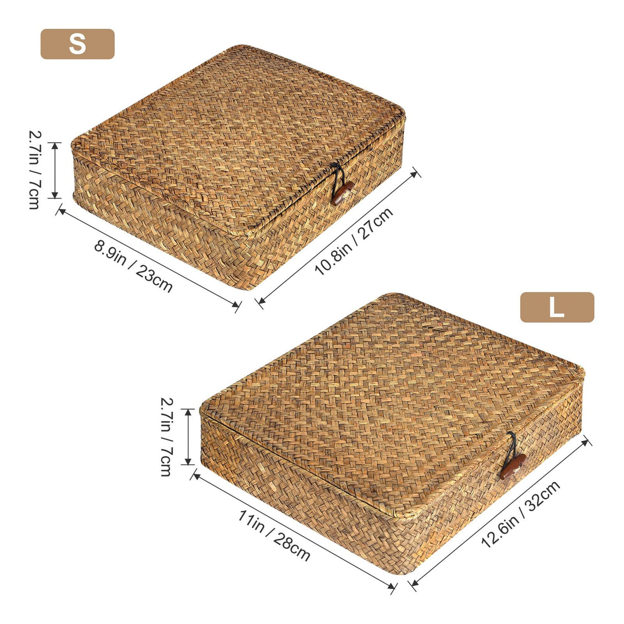 FOSSORH Set of 2 Flat Seagrass Storage Bins with Lid Wicker Storage Baskets for Organizing, Woven Shelf Organizer Bins Home Utility Organizer Box for Home & Office Supplies (Caramel) FOSSORH