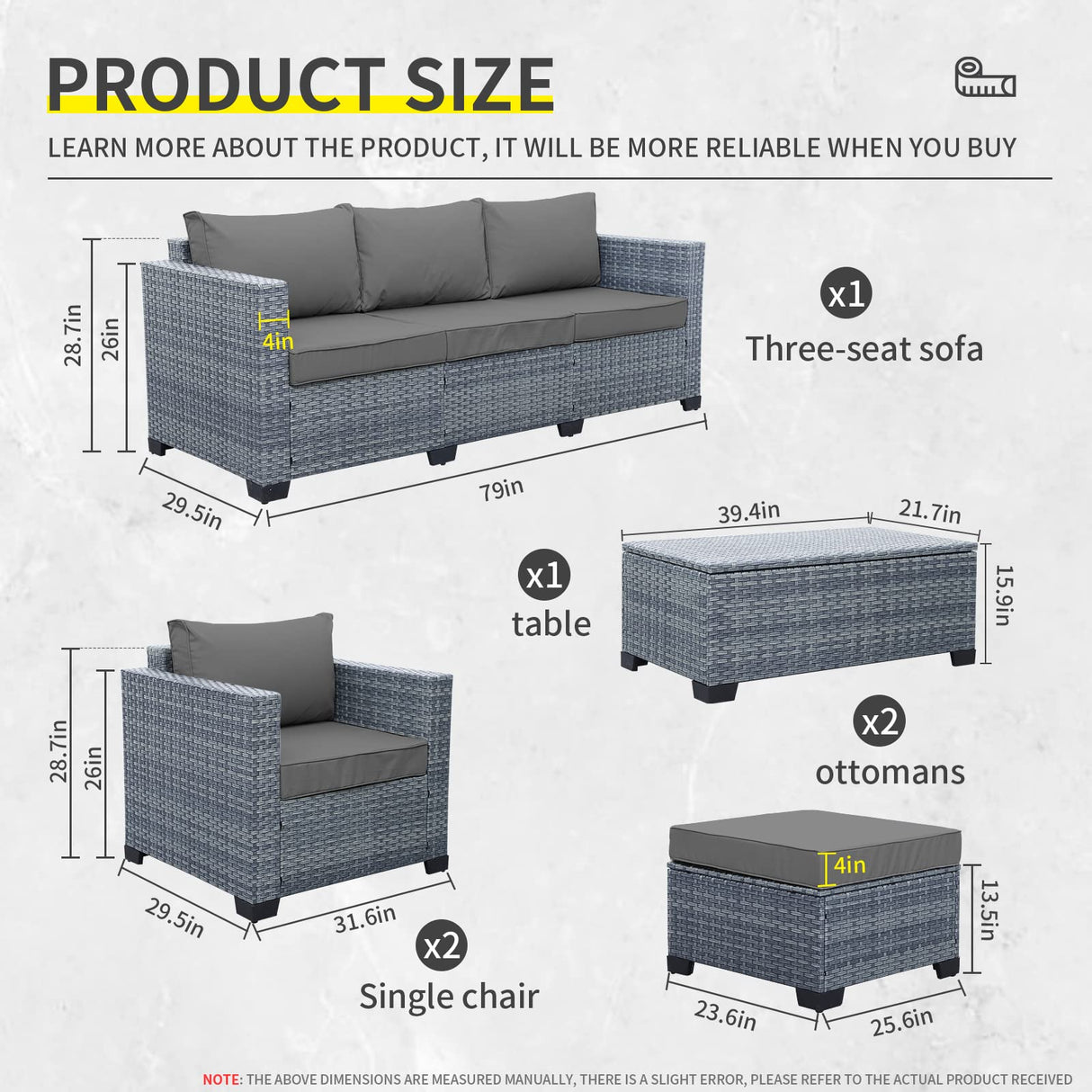 Lviden 6 Pieces Wicker Patio Furniture Sets Outdoor Conversation Set PE Rattan Sectional Sofa Couch with Storage Table and Grey Cushions Lviden