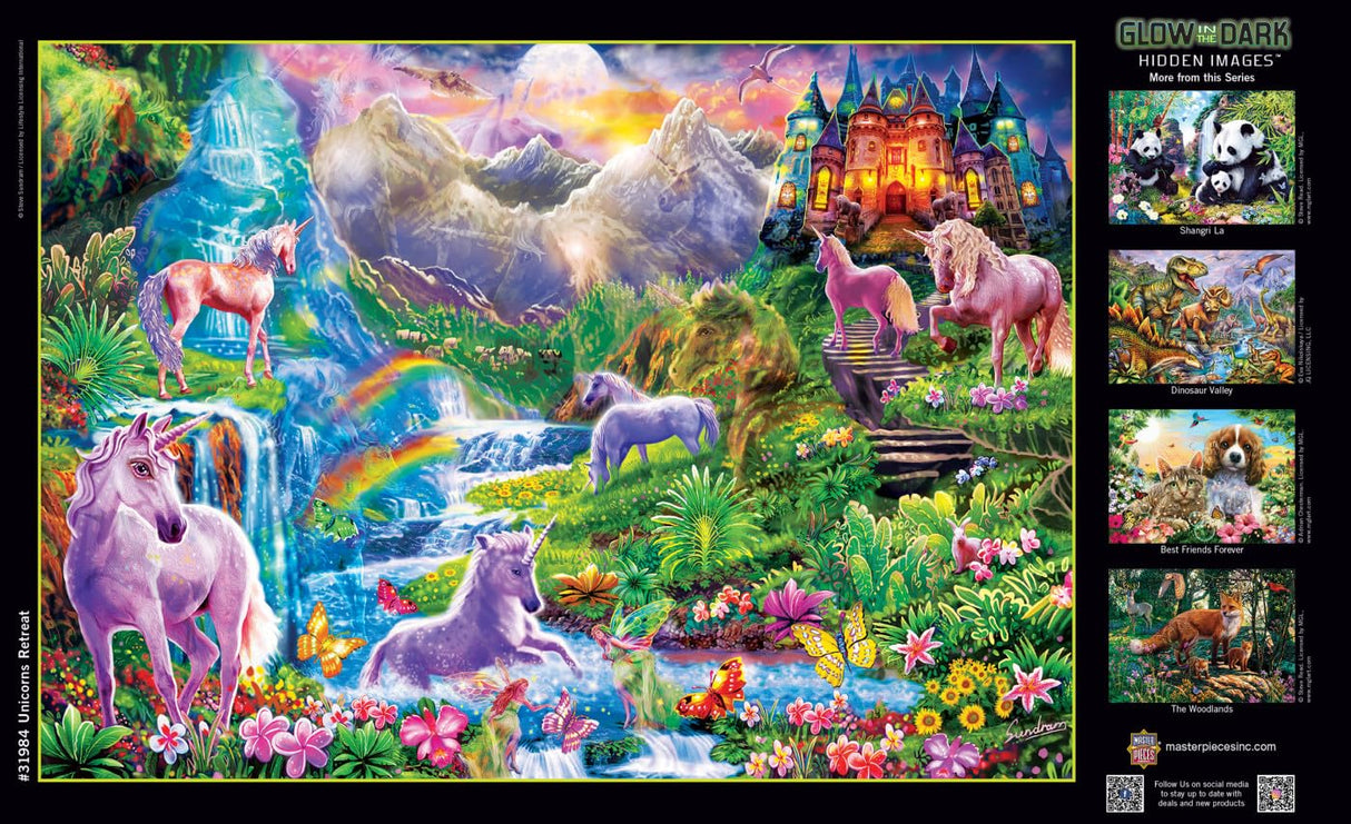 MasterPieces - 500 Piece Jigsaw Puzzle, Glows in the Dark, Hidden Images, Magical Unicorns Retreat, Fun for Adults, Family, Kids, 15" x 21" Masterpieces