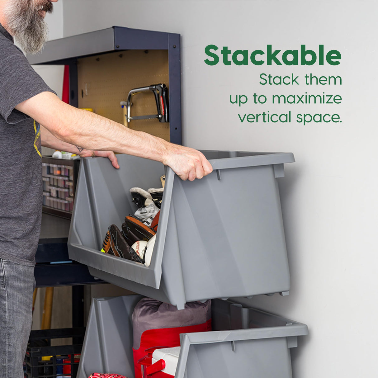 IRIS USA Open Front Storage Bins, Large - 3 Pack, Heavy Duty Garage Storage, Stackable Storage Bins, Tools Hose Household Product Sporting Goods, Wide Open Front, Interlocked Secure Stacking, Gray IRIS USA