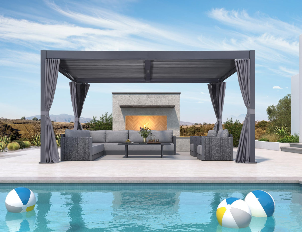 PURPLE LEAF Louvered Pergola 12' x 16' Outdoor Aluminum Modern Gray Pergola with Privacy Curtains and Mesh Netting Adjustable Louvered Roof Durable All-Weather Gazebo PURPLE LEAF