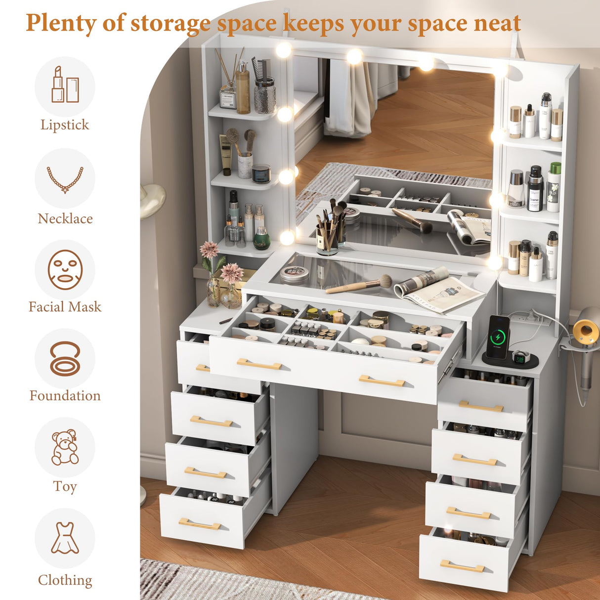 jiteentarou Glass Top Vanity Desk with Mirror and Lights, Large Vanity Makeup Mirror Desk with Charging Station Compartment Storage Drawers, Modern Makeup Vanity with 9 Drawers 6 Shelves, White jiteentarou