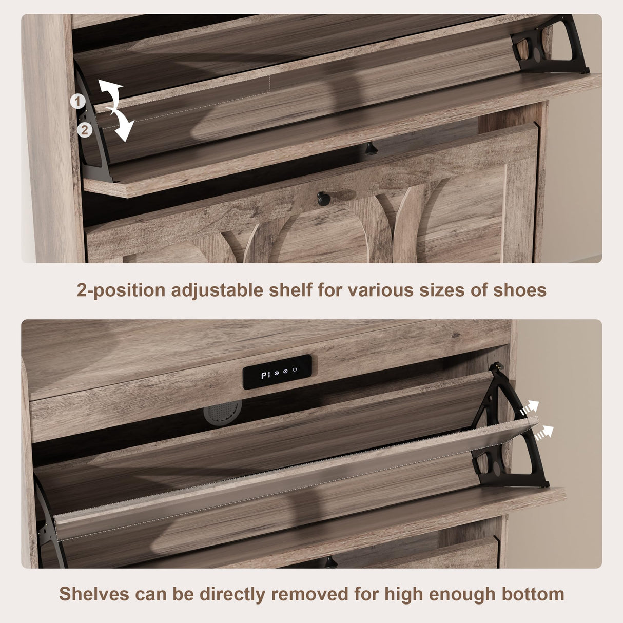 VFF Shoe Cabinet with 2 Flip Drawers, LED Touchscreen Shoe Storage Organizer with Wooden Legs, Narrow Freestanding Entryway Shoe Storage for Hallway and Bedroom (Rustic Brown) VFF