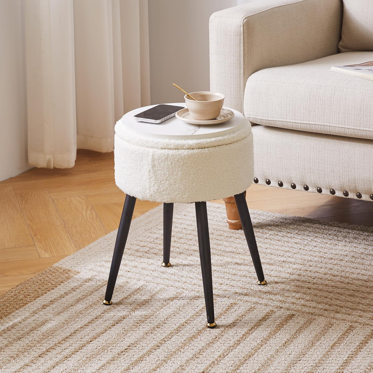 Aibiju White Ottoman with Storage Faux Teddy Fur, Round Storage Ottoman for Vanity, 13" D x 18" H Foot Stools Ottoman with 4 Metal Legs, Mushroom Stool for Makeup Living Room Warm White YD-RMS137W Aibiju