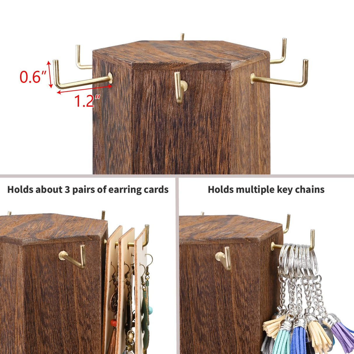 Ikee Design Free Assemble 24 Hooks Wood Hexagon 6 Sided Rotating Jewelry Display Stand Tower for Earrings,Bracelets, Keychain Earring Display Stand for Selling, Showcase, Brown Color Ikee Design