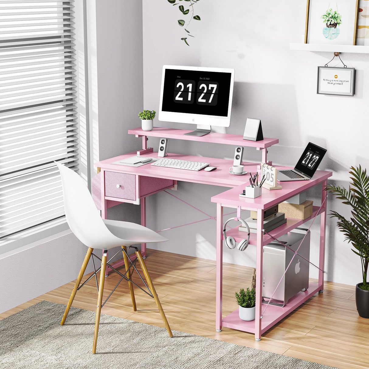 DOMICON Gaming Desk, 47 inch L Shaped Gaming Desk, Computer Desk with LED Lights & Adjustable Stand, Power Outlets, Storage Drawer, Reversible Gaming Desk with Shelves, Hook, Carbon Fiber Pink DOMICON