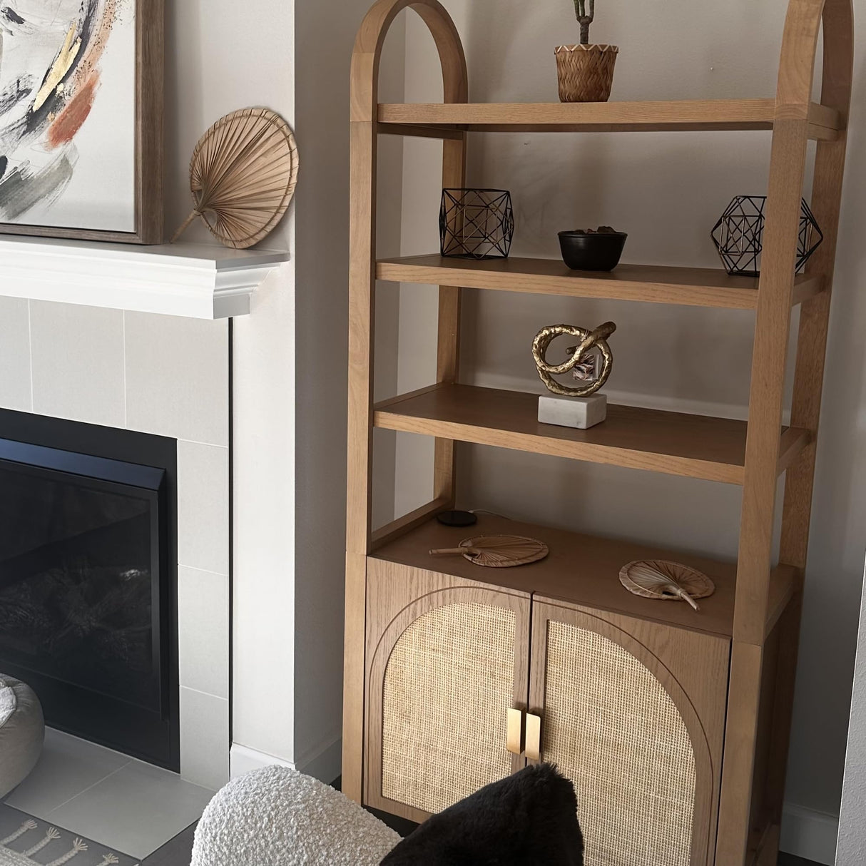 Nathan James Paxton Mid-Century Modern Arched Bookshelf Cabinet with Solid Wood Frame and Rattan Base, Raw Oak Nathan James