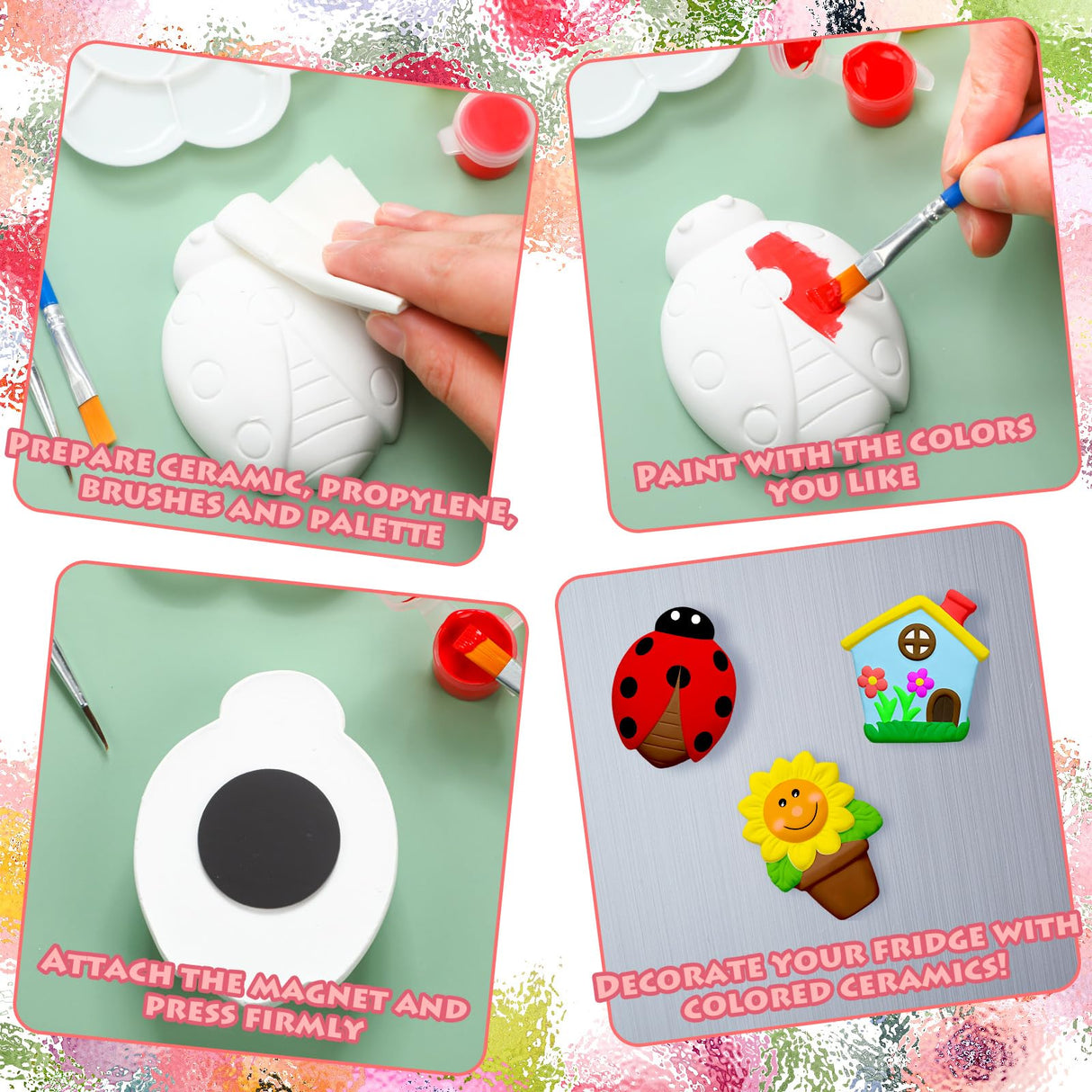 Simgoing 24 Sets Spring Kids Arts and Crafts Set Ceramic Painting Kit Unpainted Paintable Ceramics with 24 Magnet 4 Brushes and 2 Palette, Paint Your Own DIY Figurines for Toddler Boys Girls Simgoing