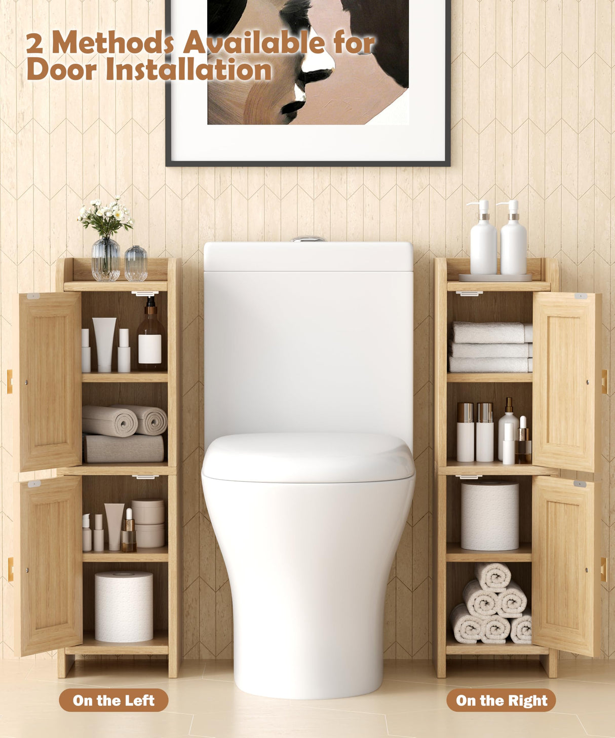 Akxomel Rattan Small Bathroom Cabinet with 2 Doors, Narrow Toilet Paper Storage Cabinet, Bathroom Organizer for Small Spaces, Wooden Slim Corner Floor Unit with Adjustable Shelves, Natural Oak Akxomel