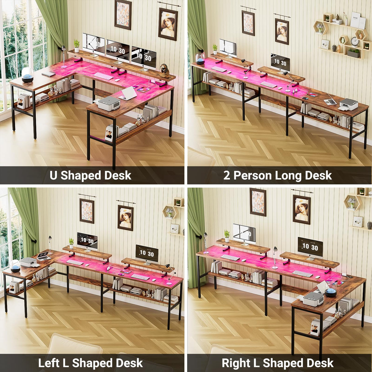 iSunirm U Shaped Office Desk, Customizable L Shaped Computer Desk with Adjustable Monitor Stand & Power Outlets & LED Strip Light, Sturdy Reversible Gaming Desk with Storage Shelves, Rustic Brown iSunirm