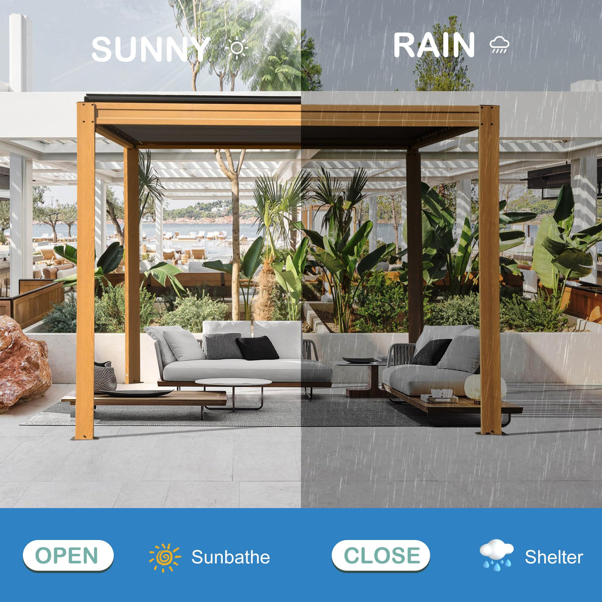 SHPAI 10’ x 13’ Louvered Pergola, Outdoor Pergola Aluminum Frame with Adjustable Rainproof Metal Roof, Permanent Sun Shade with Drainage System for Backyard, Garden and Lawn (Wooden Grain) SHPAI