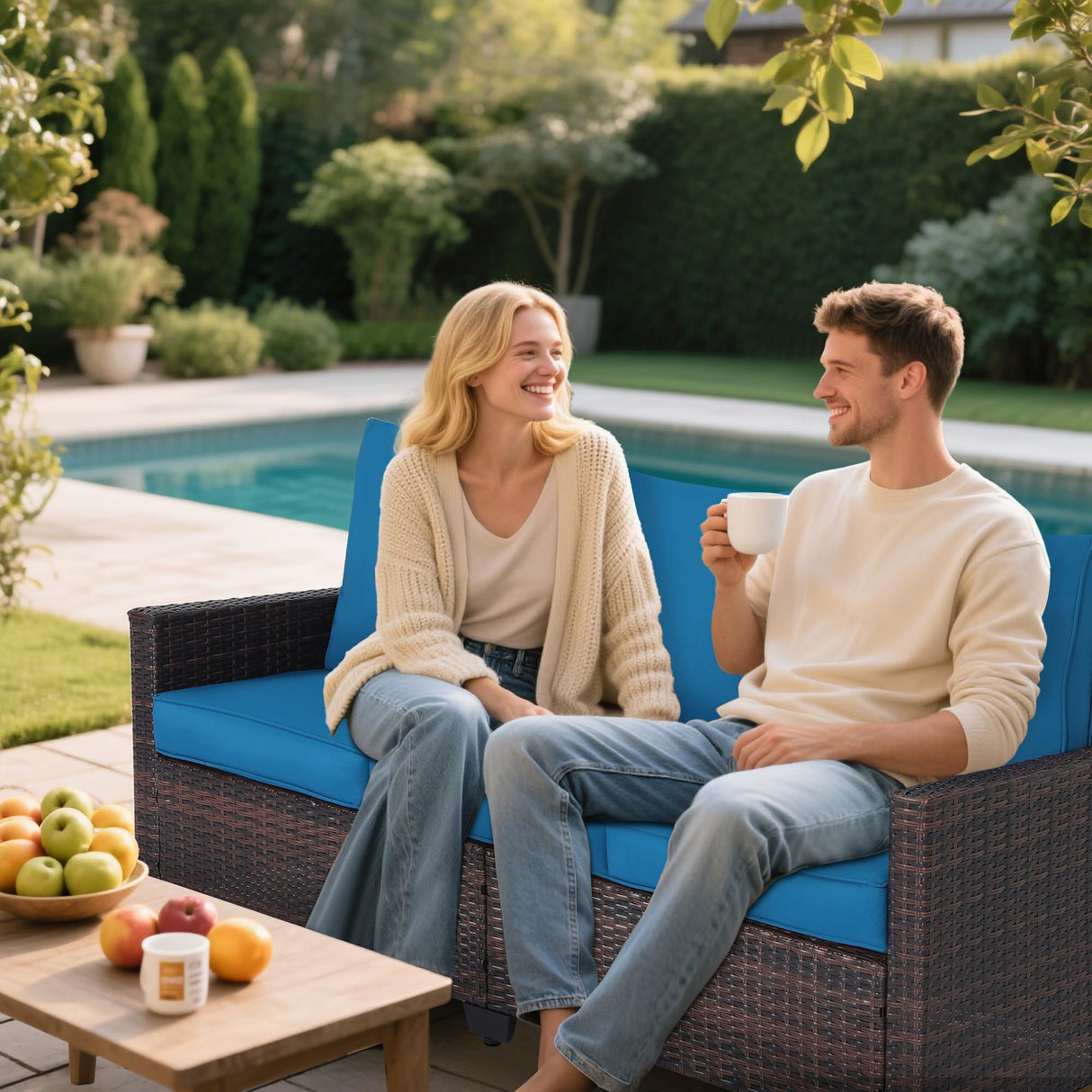 Hoffeorrad Rattan Outdoor Sofa 3-Seater - PE Woven Patio Couch with Waterproof Blue Cushions, Heavy-Duty Steel Frame for Garden, Poolside Outdoor Wicker Furniture Hoffeorrad