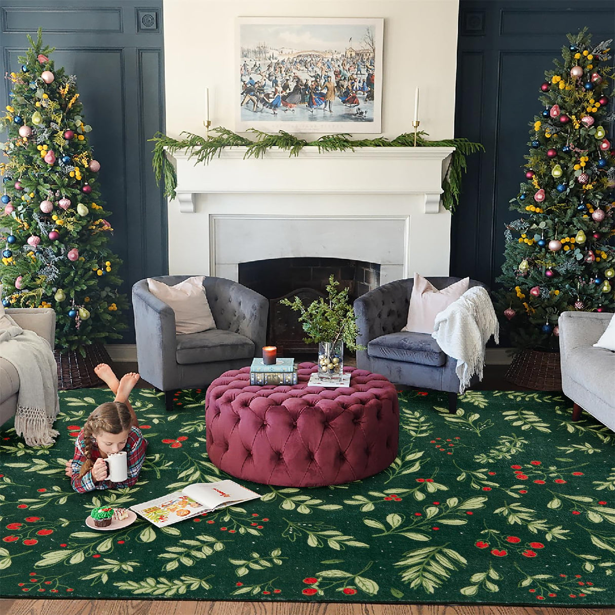 Washable Vintage Floral Christmas 4x6 Area Rugs Non Slip - Low Pile Soft Xmas Tree Red Berries Holly Branches Festive Winter Christmas Area Rug Accent Carpet for Kitchen Bedroom Living Room Entryway RoomTalks