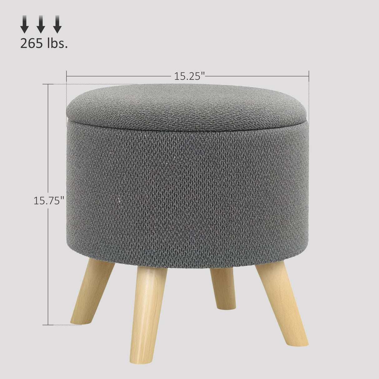 HOMCOM Round Storage Ottoman, Linen Fabric Foot Stool with Removable Top, Padded Seat, Small Foot Rest with Hidden Space and Wooden Legs for Living Room, Gray HOMCOM