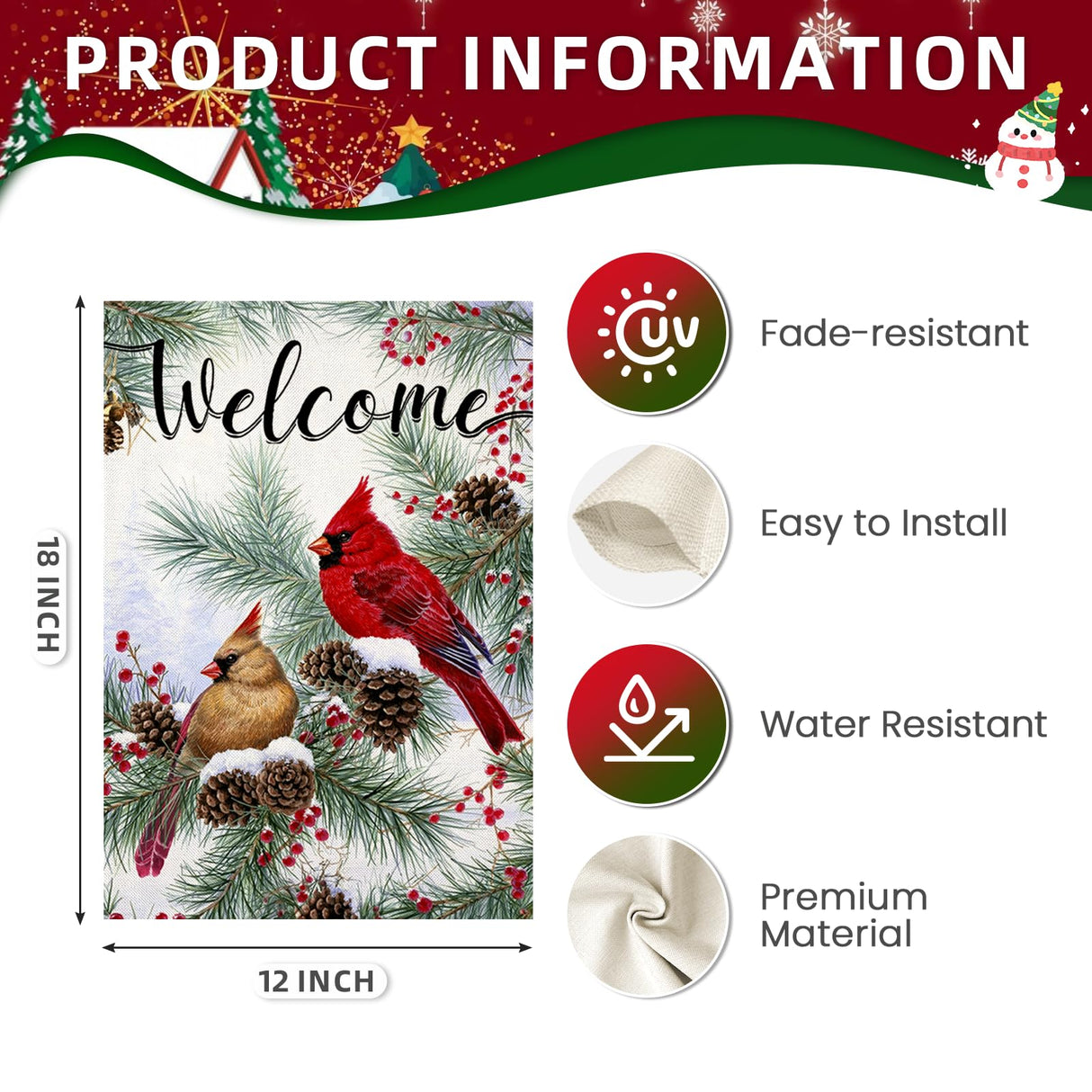 EKOREST Welcome Christams Garden Flags for Outside Decoration, Cardinal Pine Twigs Berry Small Yard Flag, Seasonal Farmhouse Winter Xmas Holiday Outdoor Decor 12x18 Inch Vertical Double Sided EKOREST