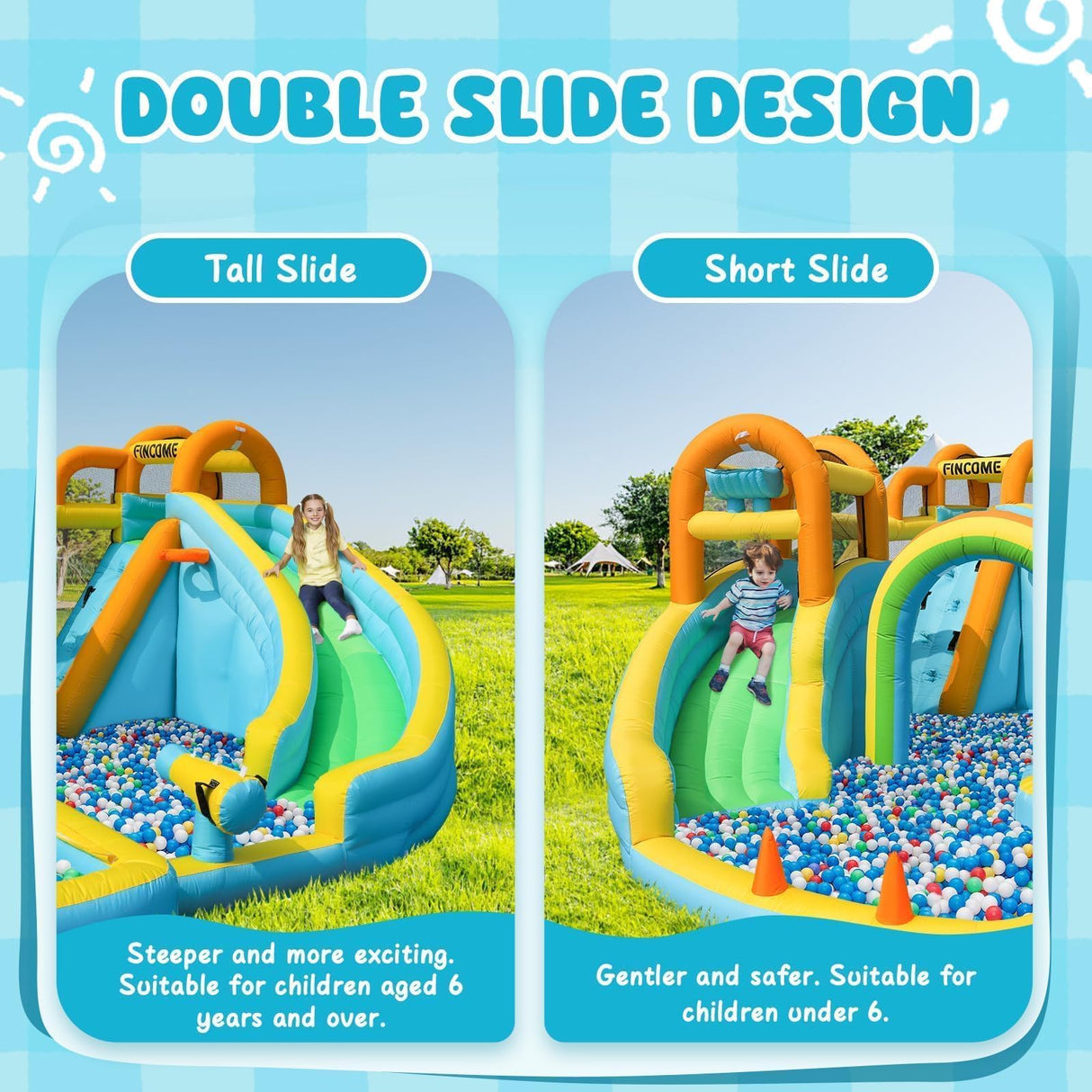 FINCOME Inflatable Water Slide, Bounce House with 2 Slide for Kids, Inflatable Waterslide Park with Splash Pool, Basketball Hoop, Ball Shooting & Water Cannon for Backyard, Outdoor, Indoor FINCOME