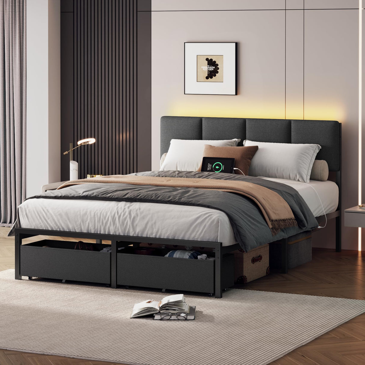 Furnulem Full Size Bed Frame with Headboard,Upholstered Bed Full with LED Light,USB Charging Station,Platform Bedframe with 2 Fabric Underbed Storage Drawers,No Spring Box Needed Furnulem