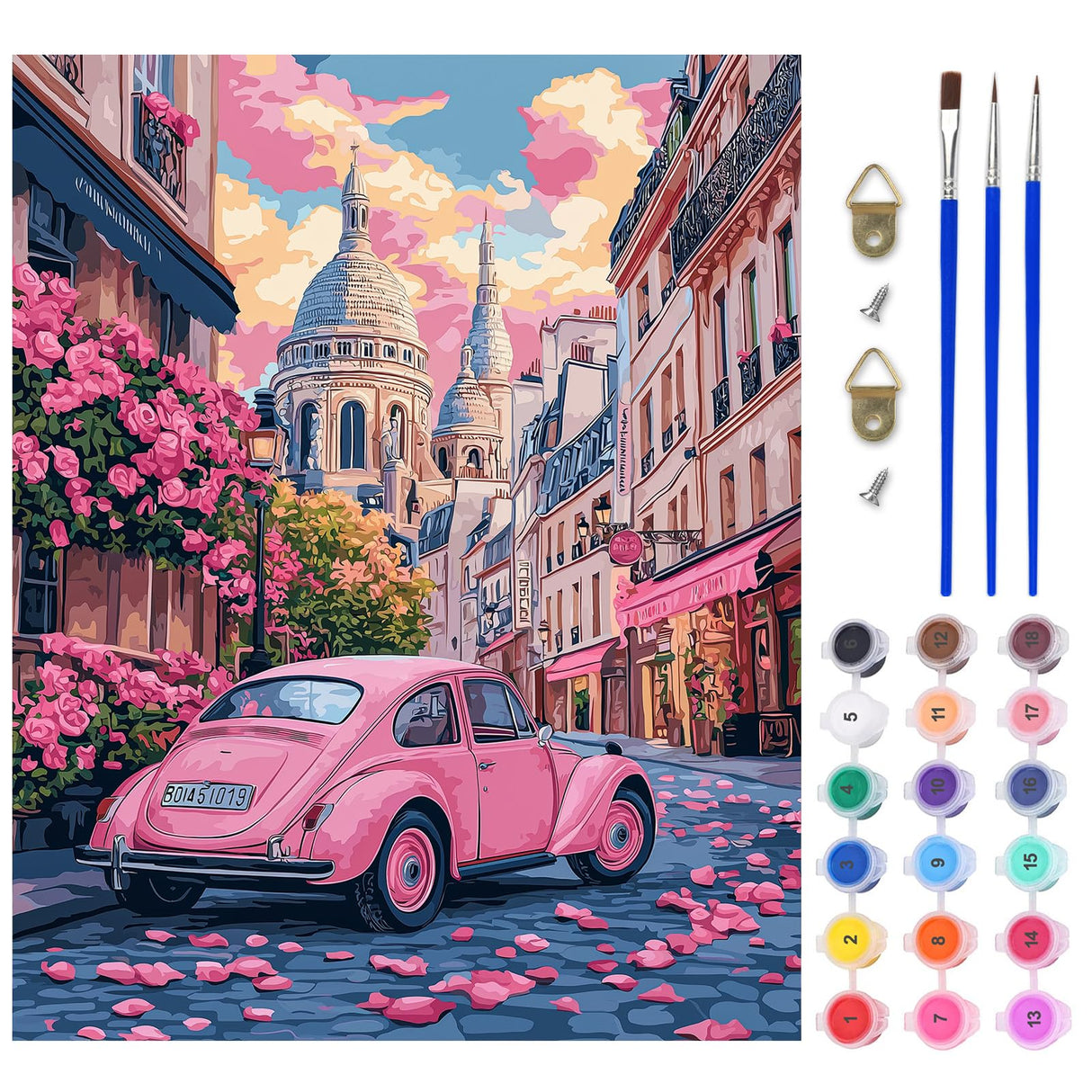 Lxmsja Pink Car Paint by Numbers Kit for Adults, Paris Street Acrylic Paint by Numbers for Adults Beginner, DIY Craft Supplies Oil Painting Kits for Home Wall Decor 16x20 inch (No Frame) Lxmsja