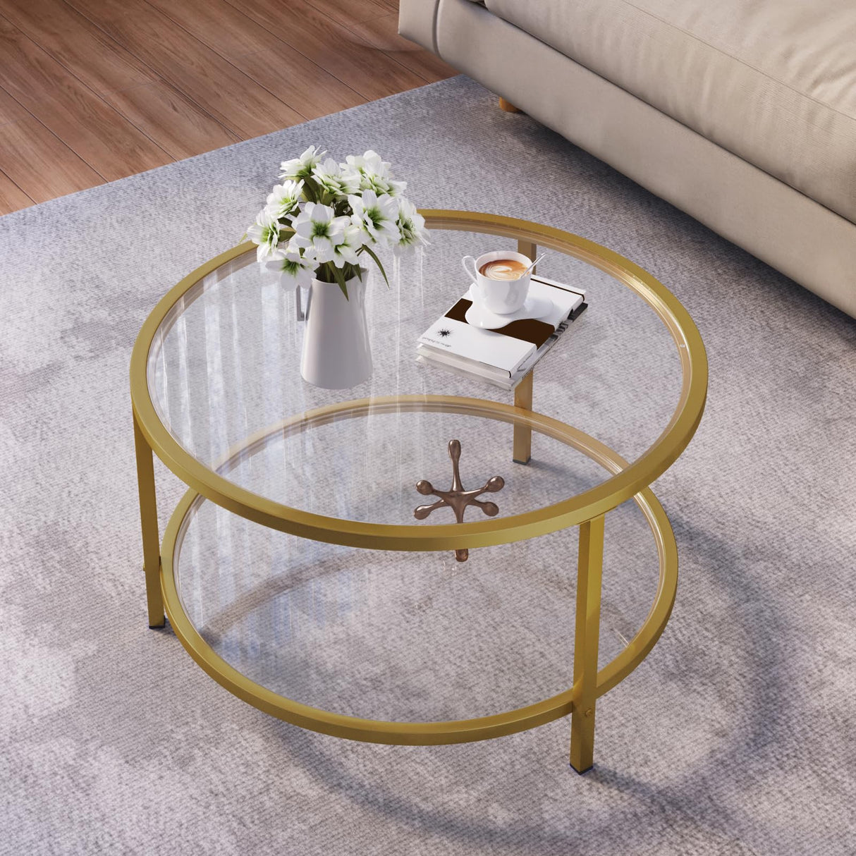 SAYGOER Round Glass Coffee Table 2 Tier Coffee Tables with Storage Shelf for Large or Small Space Modern Simple Center Table with Gold Frame for Living Room Home Office, Easy Assembly… SAYGOER