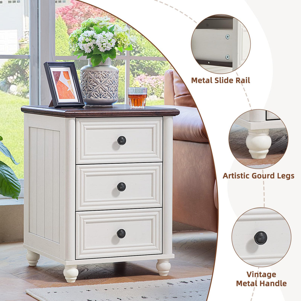 RWYHG 18" Farmhouse Night Stand, White Wood Nightstand with 3 Drawers, Bedside End Table with Storage and Roman Column, Bed Side Tables Cabinet for Bedroom, Living Room, and Closet RWYHG