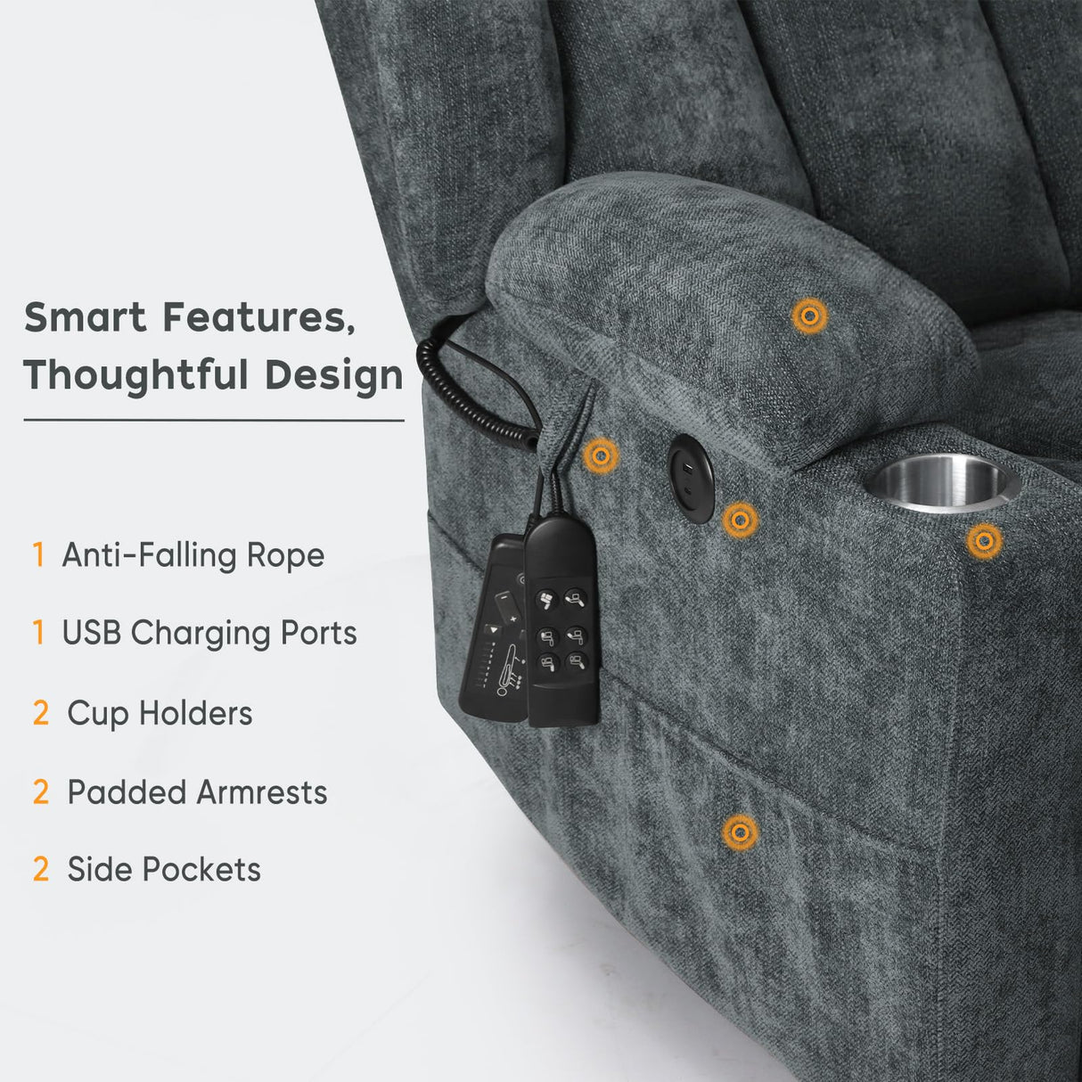 ABCASA Large Dual Motor Lay Flat Power Lift Recliner Chair for Elderly with Heat & Massage, Comfortable Chenille Recliner, Cup Holder, Side Pocket,USB-A & C Ports, Gray Blue ABCASA