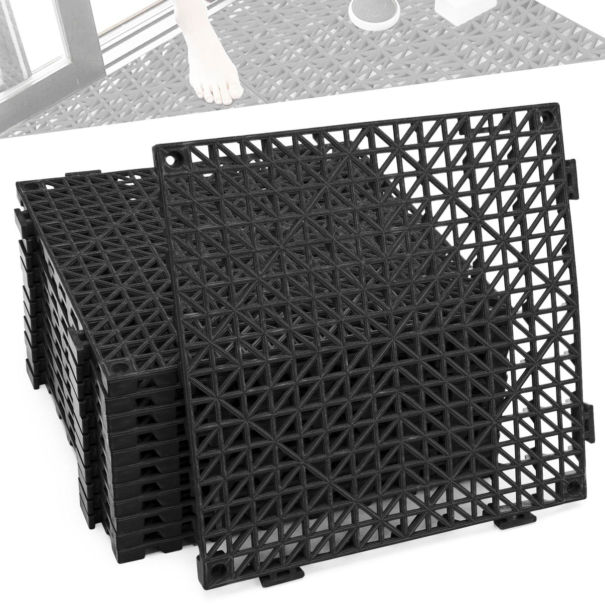 12 Pcs Drainage Mat Modular Interlocking Cushion 11.8" x 11.8" Interlocking Garage Floor Tiles Non-Slip Splicing Interlocking Rubber Floor Tiles for Drain, Deck, Pool, Outdoor/Indoor (Black) JOHAHTANG
