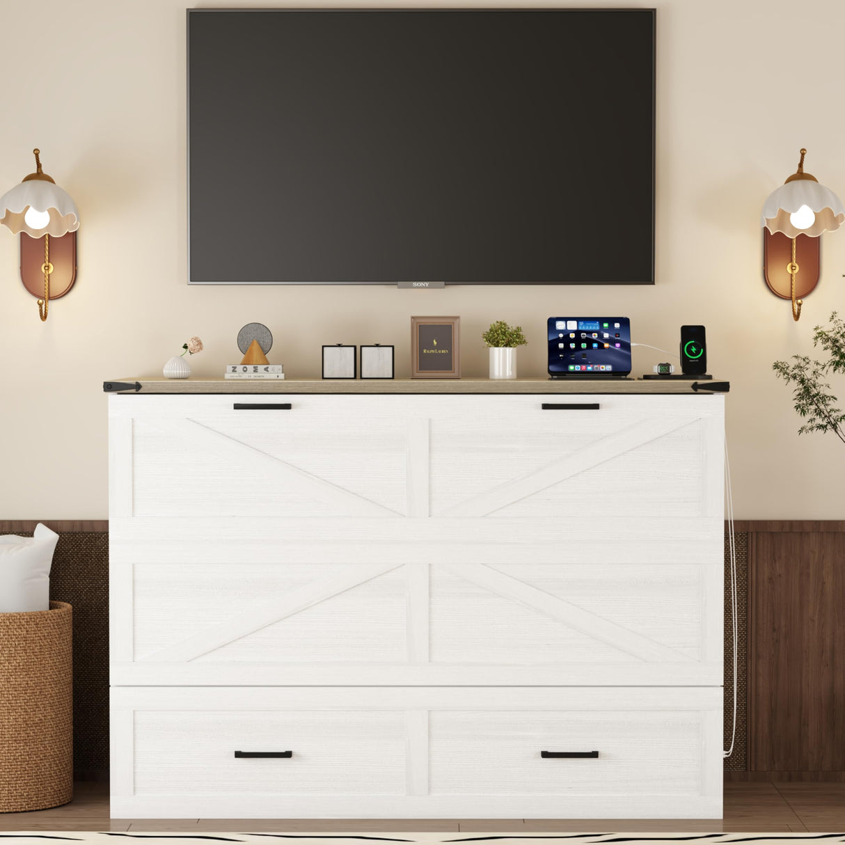 Ball & Cast Queen Murphy Bed with Charging Station,Farmhouse Murphy Cabinet with Large Storage Drawer,Hideaway Bed Foldable Platform Bed for Guest Room, Apartment, White Ball & Cast