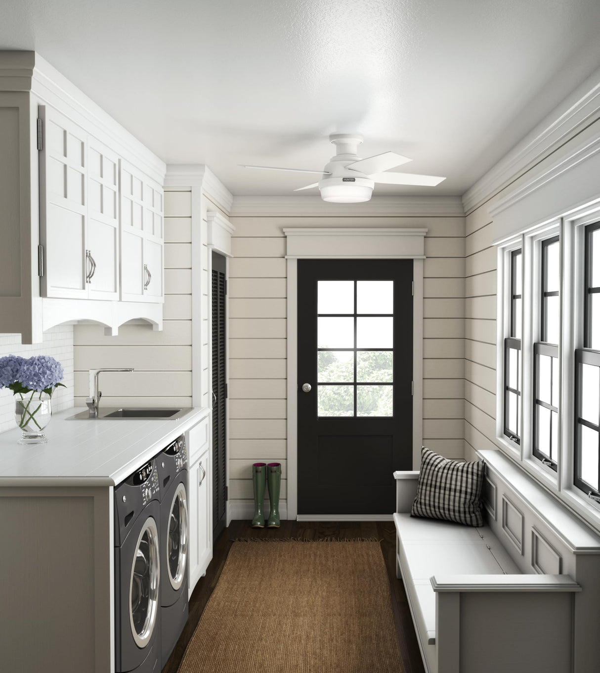 Hunter Fan Dempsey Low Profile Ceiling Fans with Lights and Remote, Flush Mount Ceiling Fan with Lights, Metal, Fresh White, 44 Inch LED Hunter