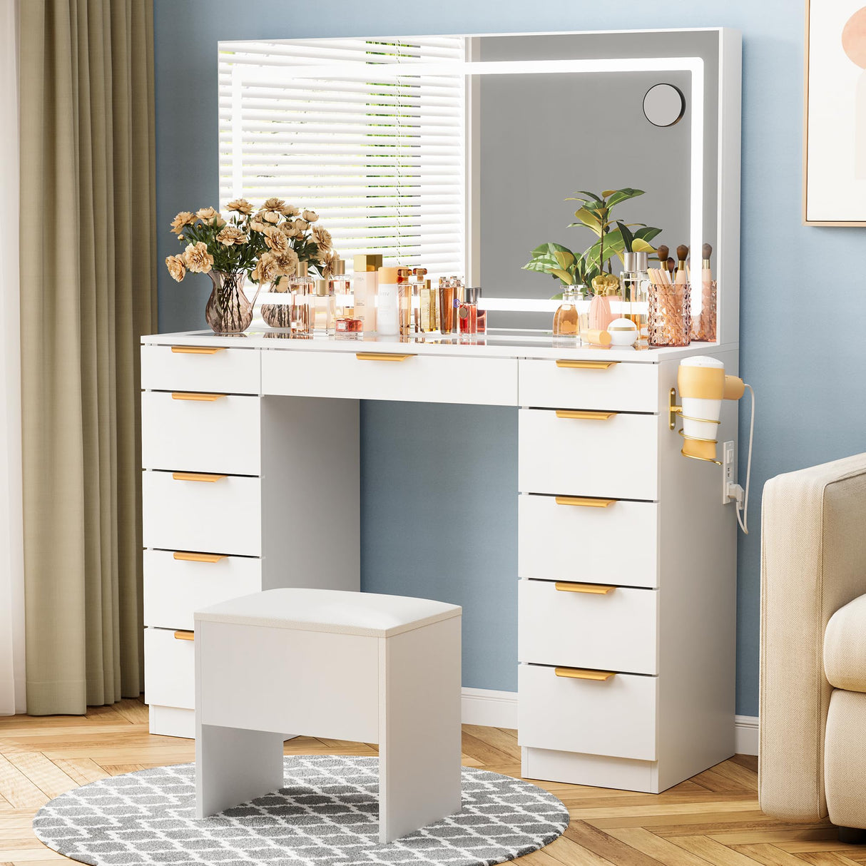 Pamapic Glass Top Vanity Desk with Mirror and Lights, 11 Drawers Makeup Vanity with Charging Station and Chair, Golden Handles Dressing Table, 3 Lighting Modes Makeup Table, White Pamapic